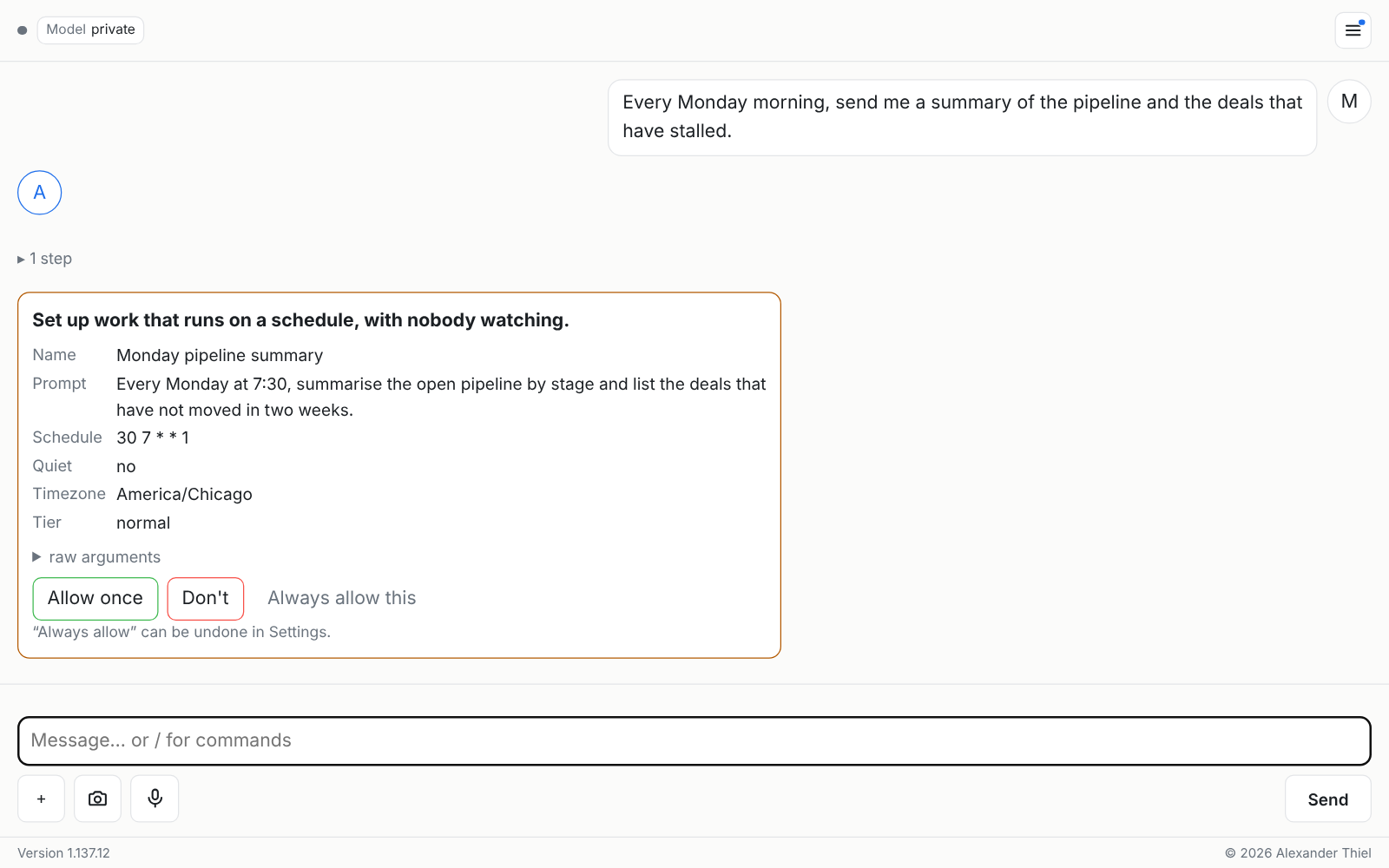 A confirmation card waiting for an answer