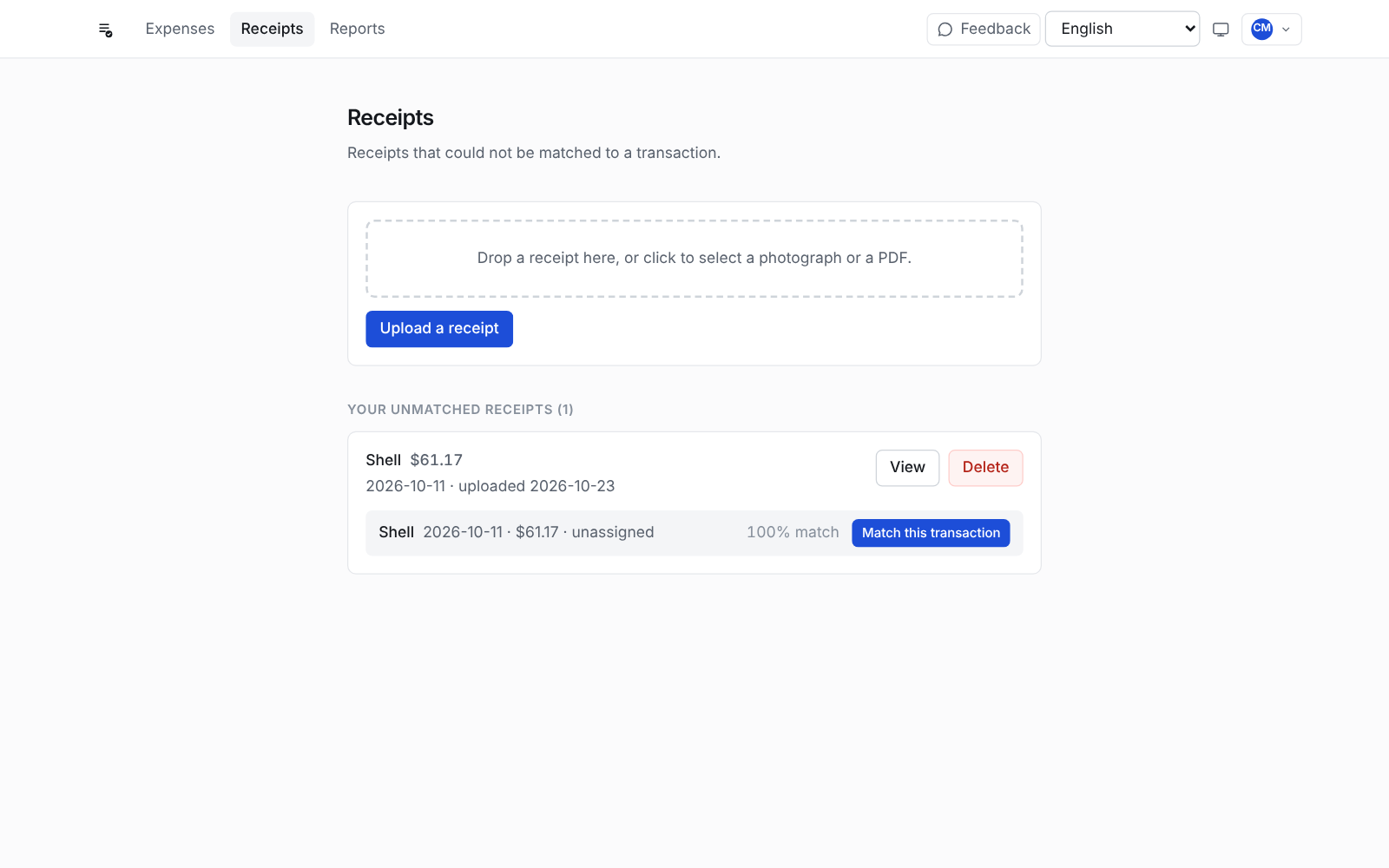 The receipt inbox, with a match waiting to be confirmed