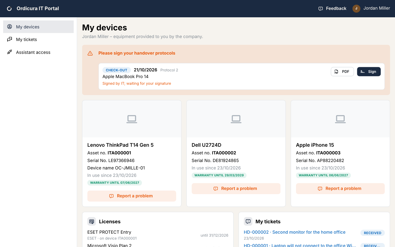 The employee portal: their devices and tickets
