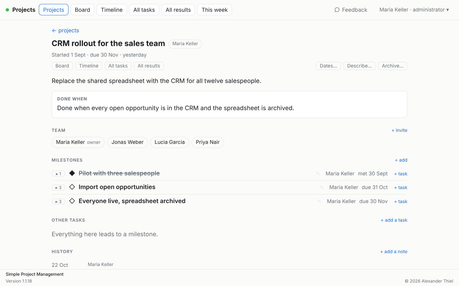 One project: completion condition, team, milestones, record
