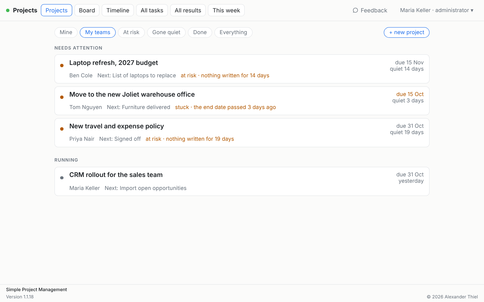 The project list, sorted by what needs attention